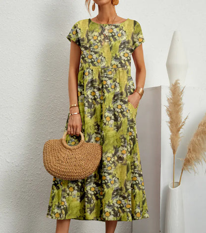 Loose Cotton Linen Sleeveless Printed Summer Dress