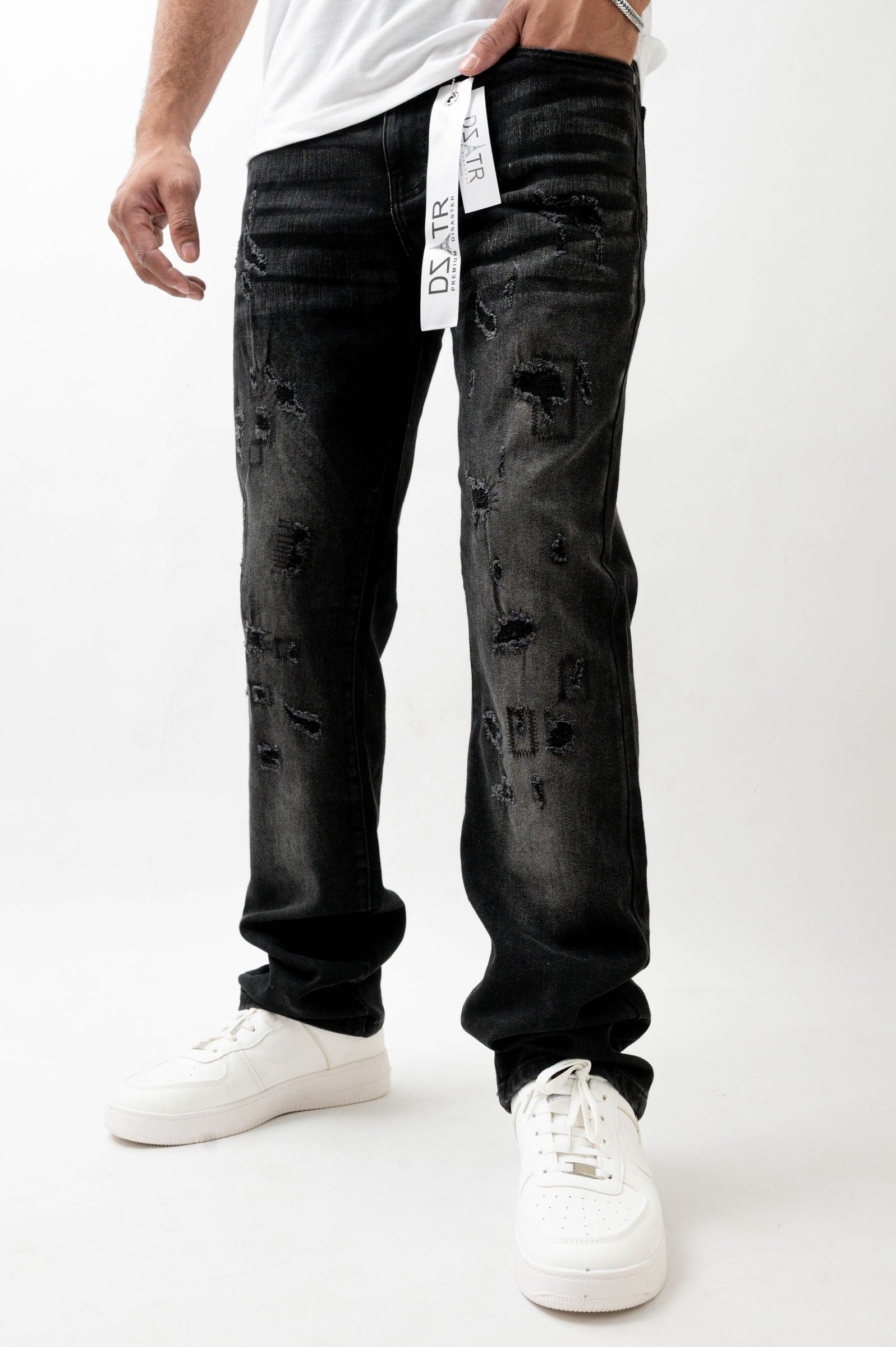 Premium Disaster Super Stretch Straight Fit Denim Jeans - Washed Black Denim Exchange