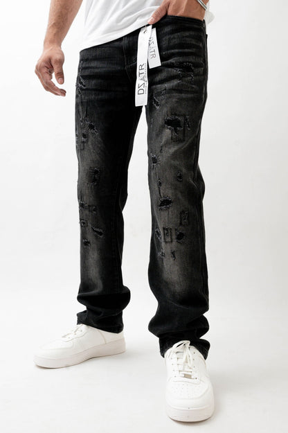 Premium Disaster Super Stretch Straight Fit Denim Jeans - Washed Black Denim Exchange