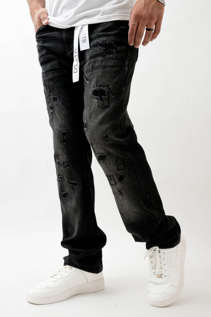 Premium Disaster Super Stretch Straight Fit Denim Jeans - Washed Black Denim Exchange