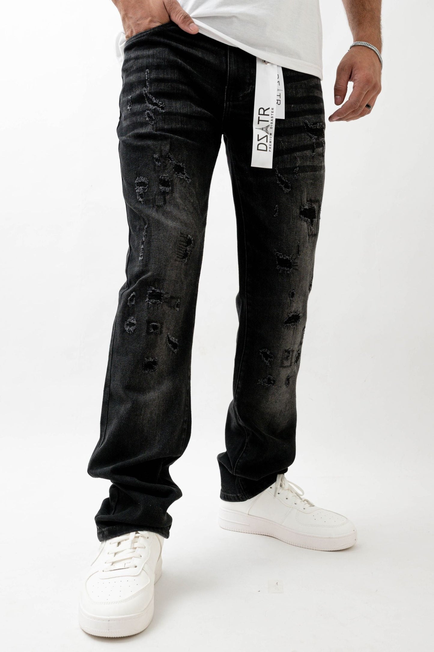 Premium Disaster Super Stretch Straight Fit Denim Jeans - Washed Black Denim Exchange