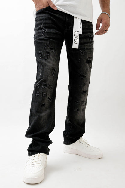 Premium Disaster Super Stretch Straight Fit Denim Jeans - Washed Black Denim Exchange