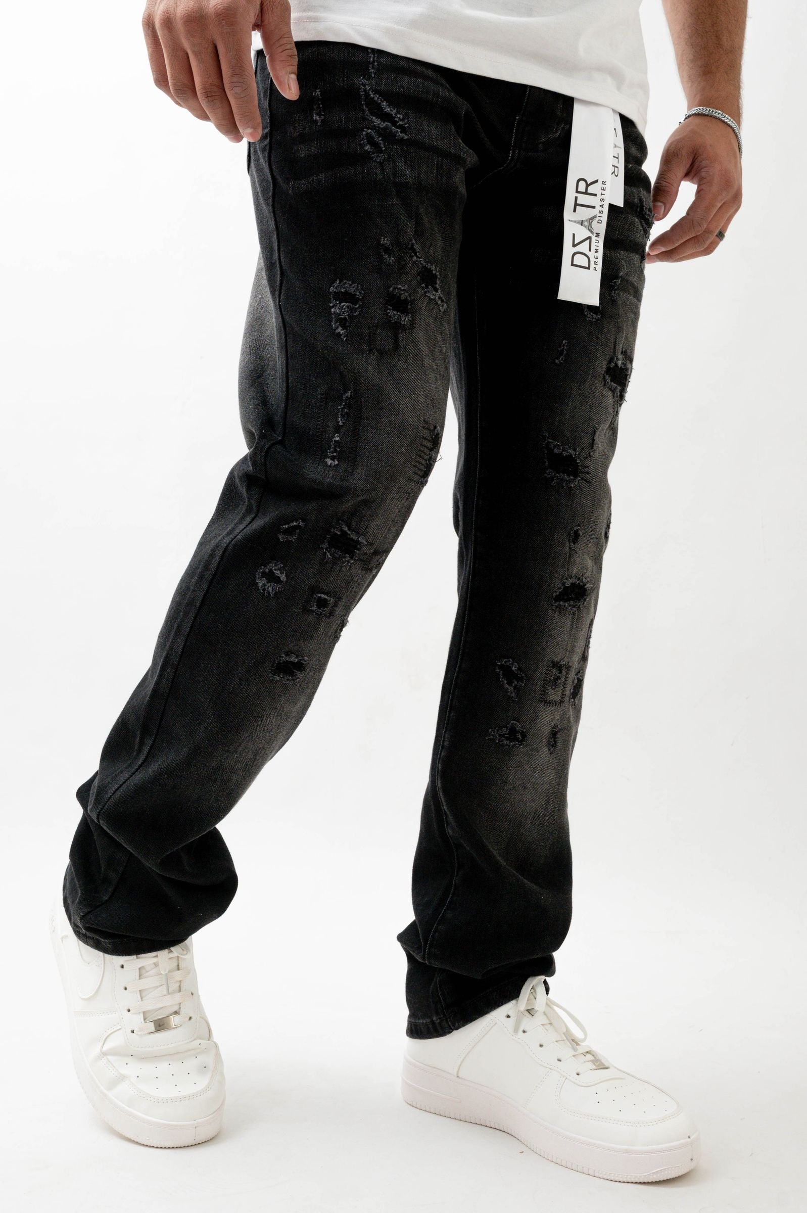 Premium Disaster Super Stretch Straight Fit Denim Jeans - Washed Black Denim Exchange