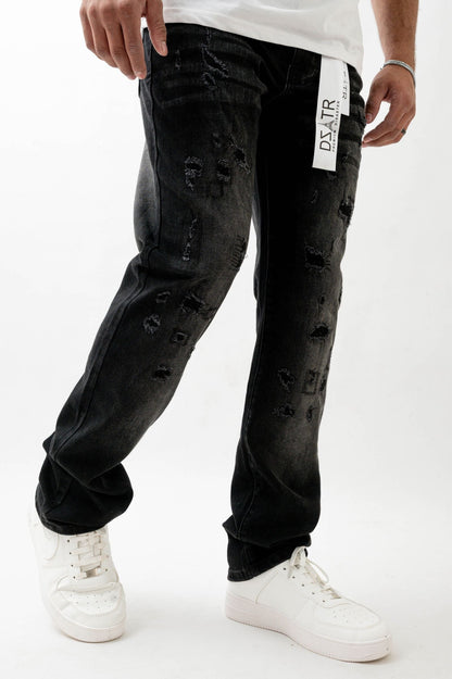 Premium Disaster Super Stretch Straight Fit Denim Jeans - Washed Black Denim Exchange