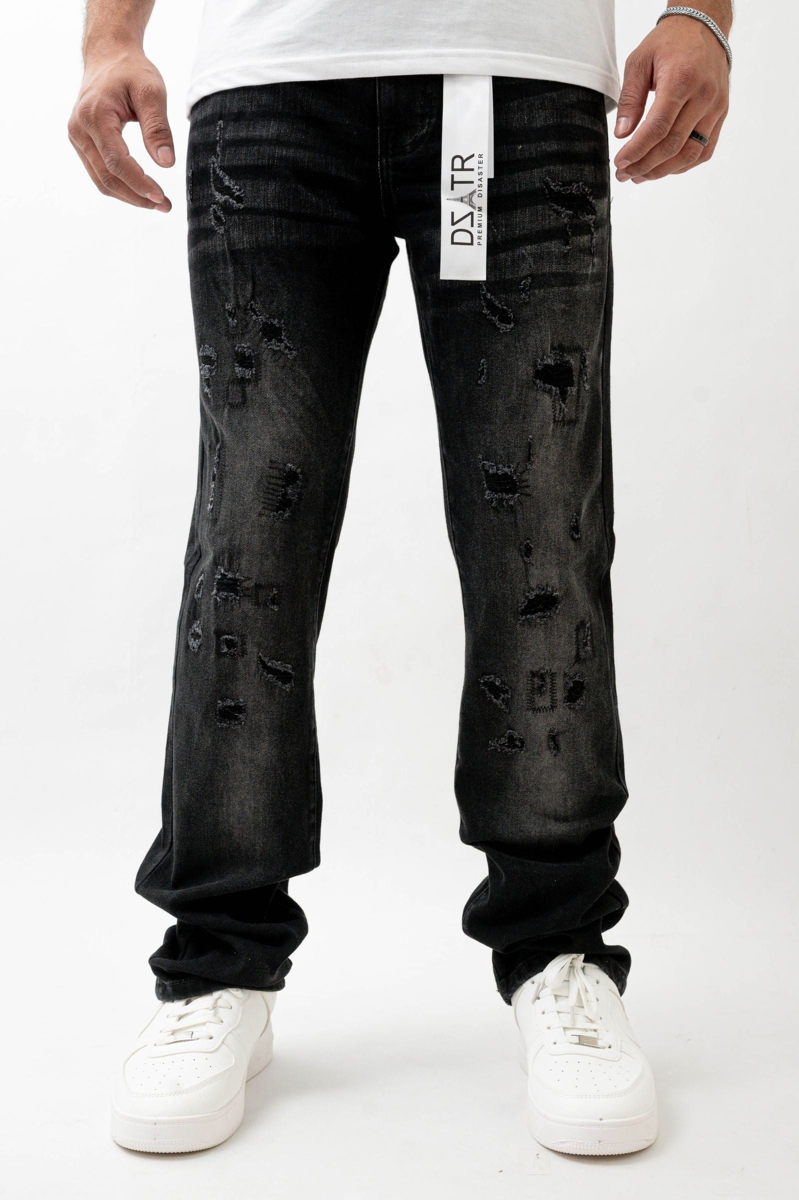 Premium Disaster Super Stretch Straight Fit Denim Jeans - Washed Black Denim Exchange