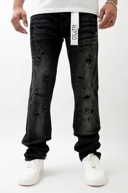 Premium Disaster Super Stretch Straight Fit Denim Jeans - Washed Black Denim Exchange