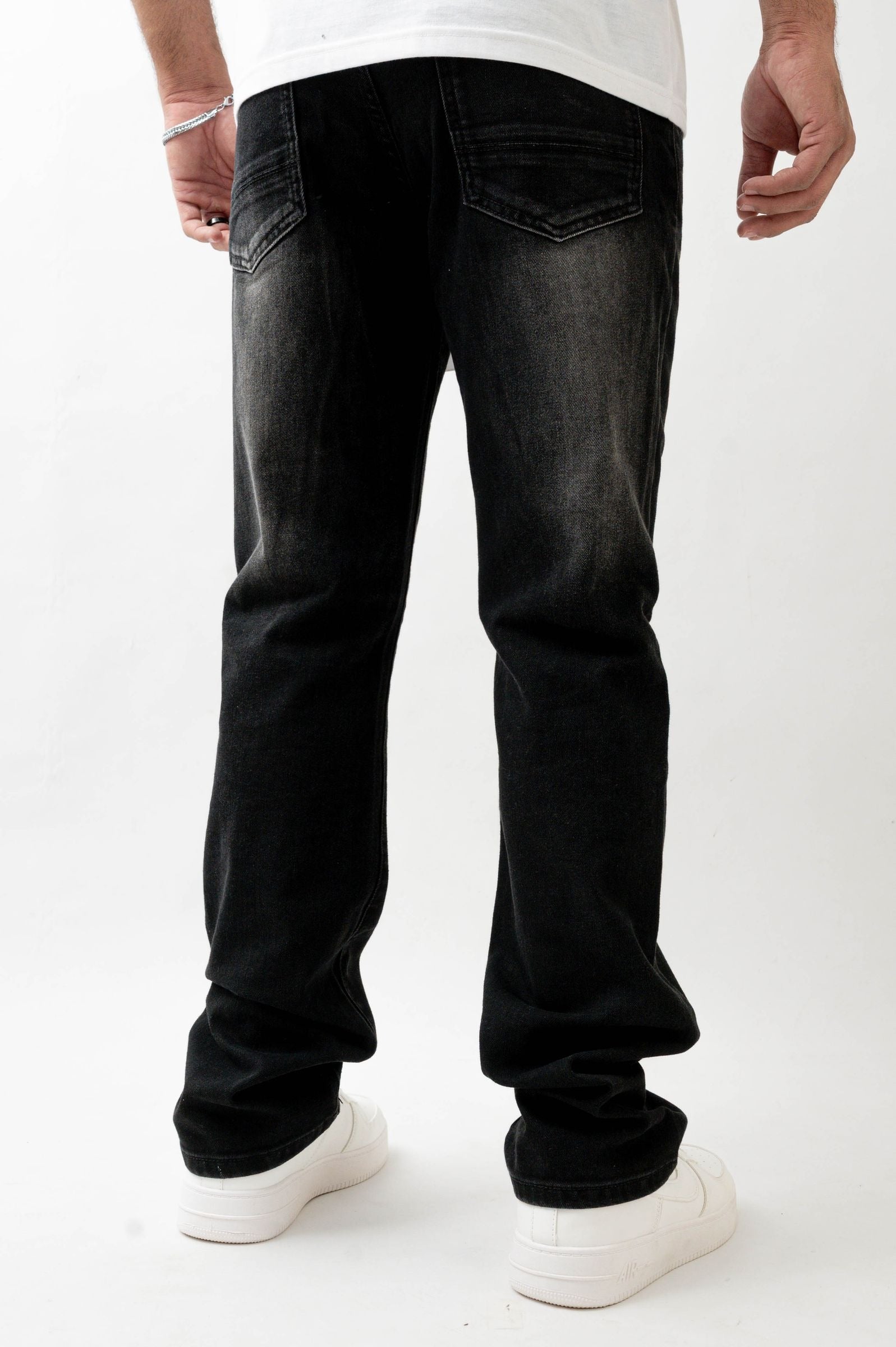 Premium Disaster Super Stretch Straight Fit Denim Jeans - Washed Black Denim Exchange