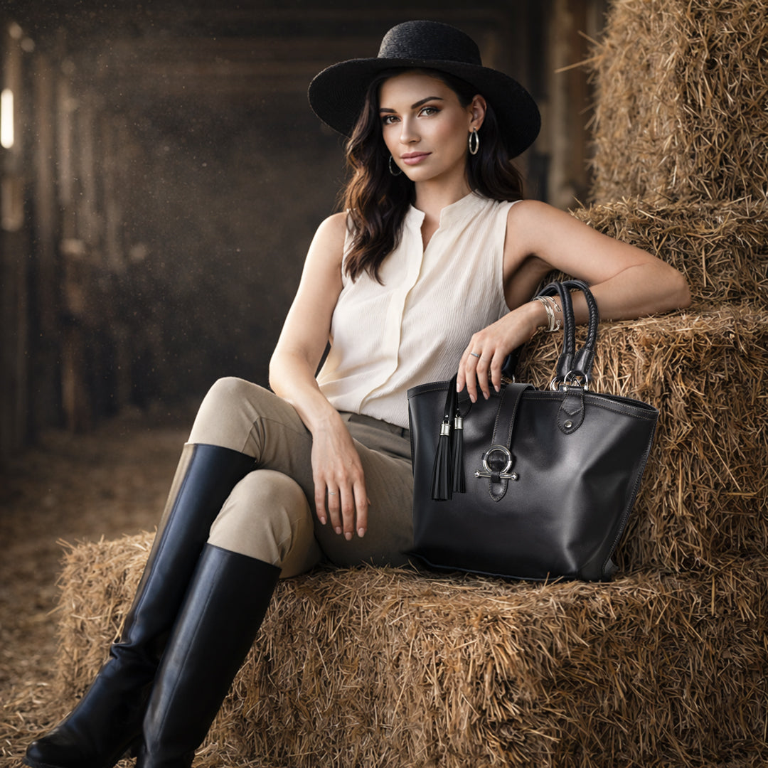 Del Rey -Horse Bit Tote Luxury Leather Handbag in Black Urban-Equestrian