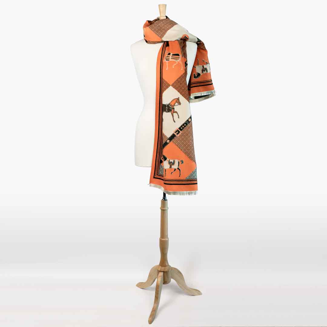 Della -  Tangerine Equestrian Motif Luxe Shawl Urban-Equestrian