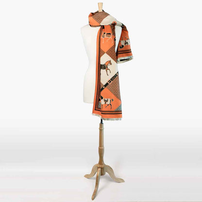 Della -  Tangerine Equestrian Motif Luxe Shawl Urban-Equestrian