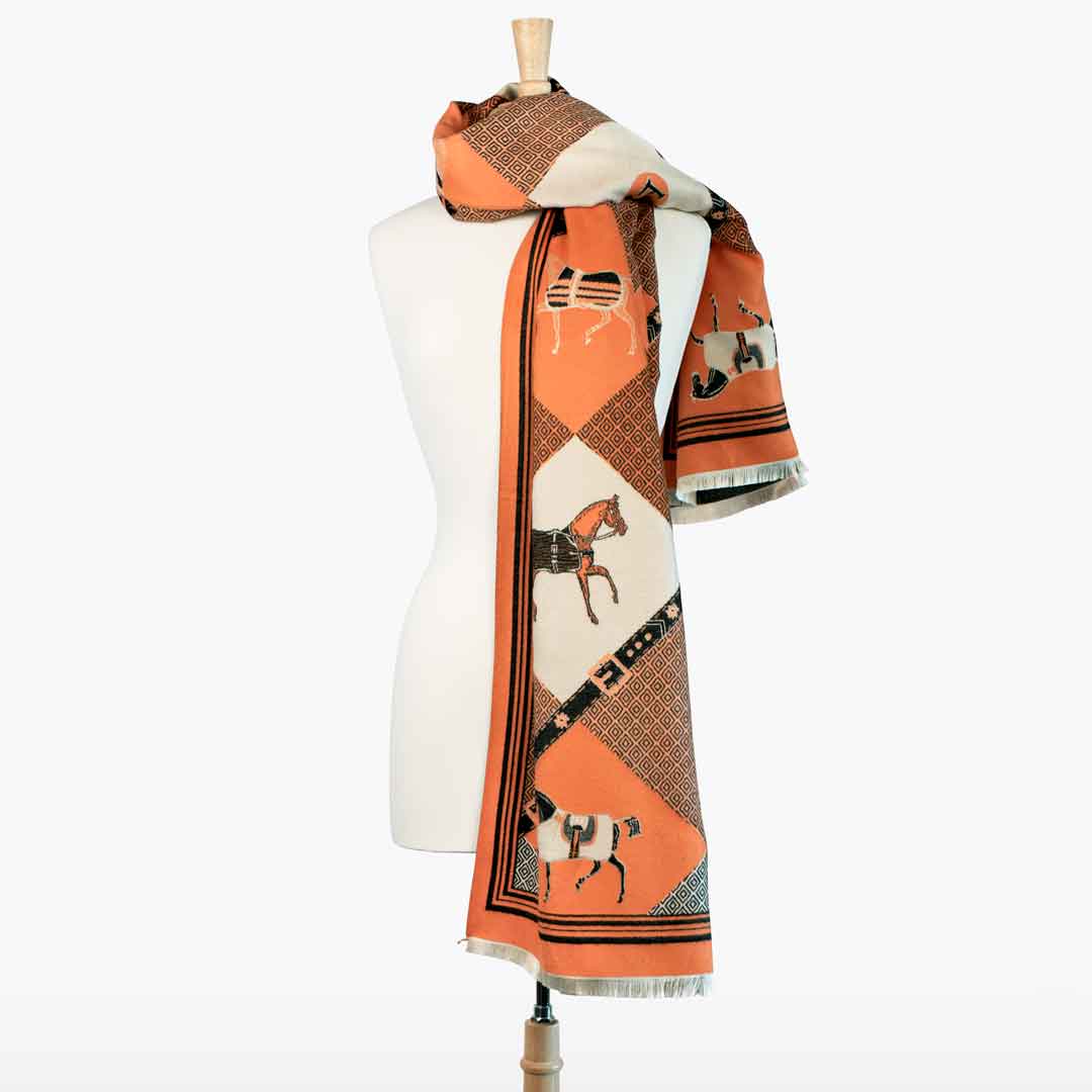 Della -  Tangerine Equestrian Motif Luxe Shawl Urban-Equestrian