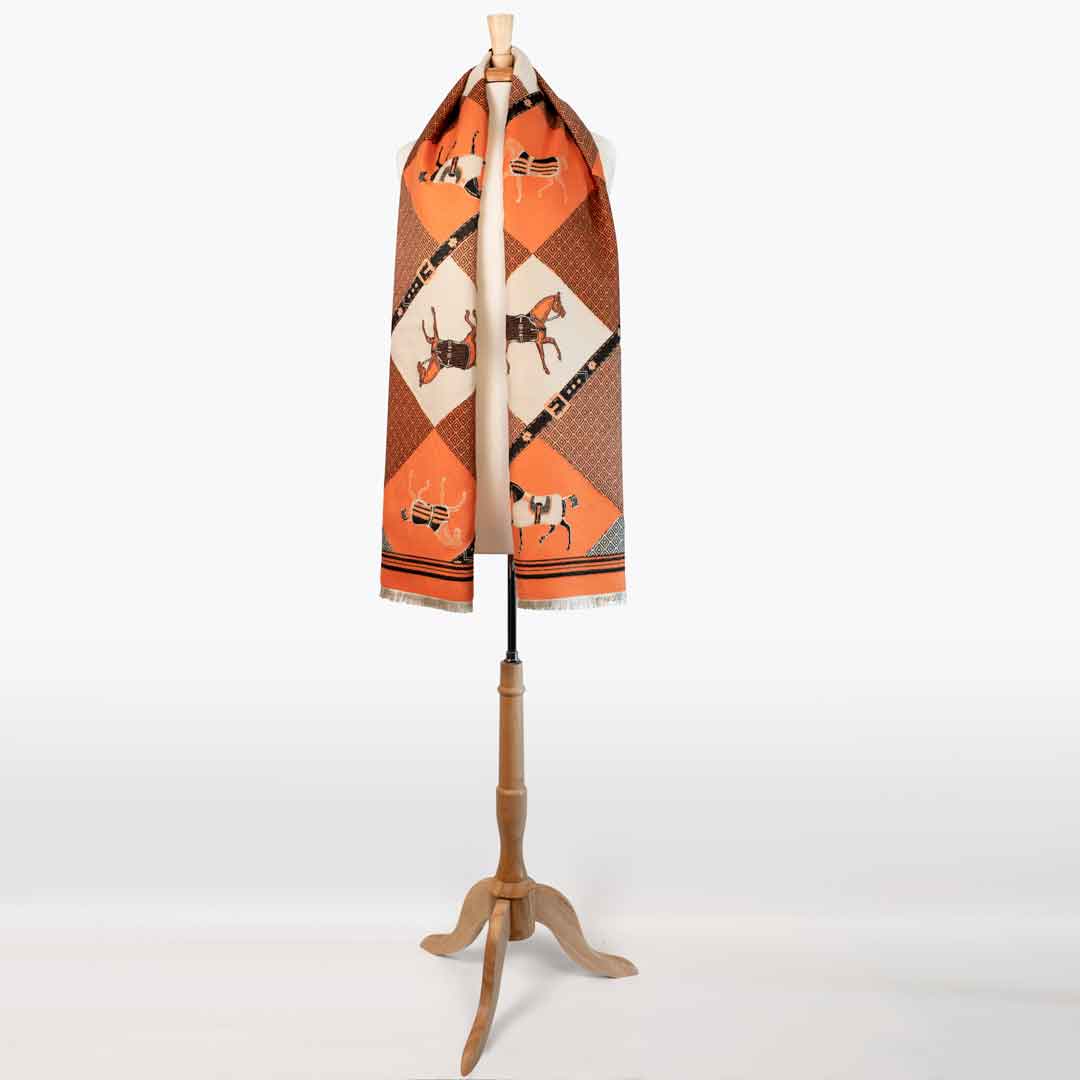 Della -  Tangerine Equestrian Motif Luxe Shawl Urban-Equestrian