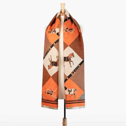 Della -  Tangerine Equestrian Motif Luxe Shawl Urban-Equestrian