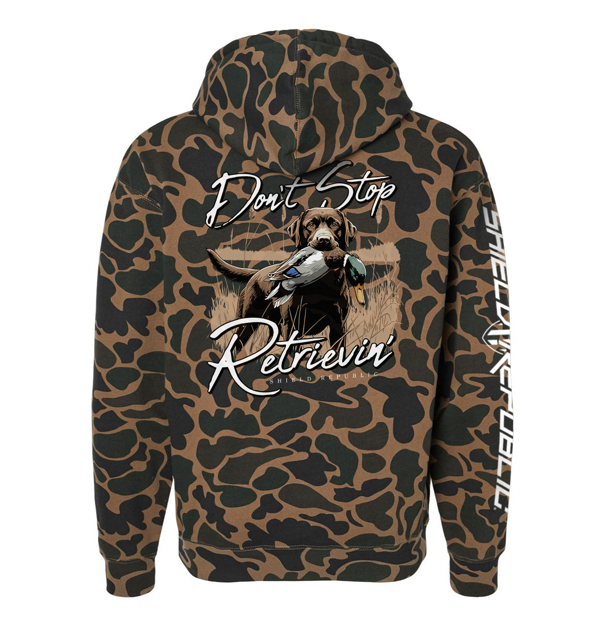 Don't Stop Retrievin' Chocolate Lab Shield Republic