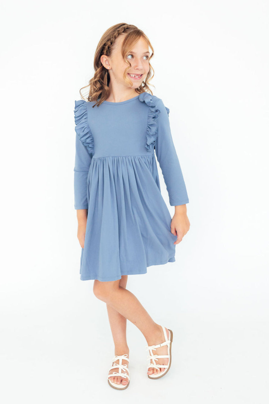 Dusty Blue L/S Ruffle Twirl Dress Mila & Rose ®