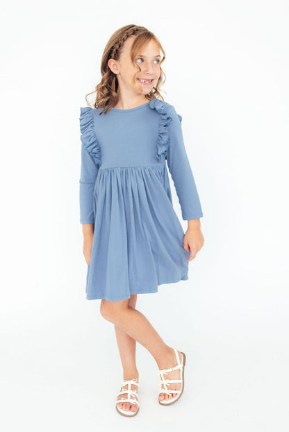 Dusty Blue L/S Ruffle Twirl Dress Mila & Rose ®