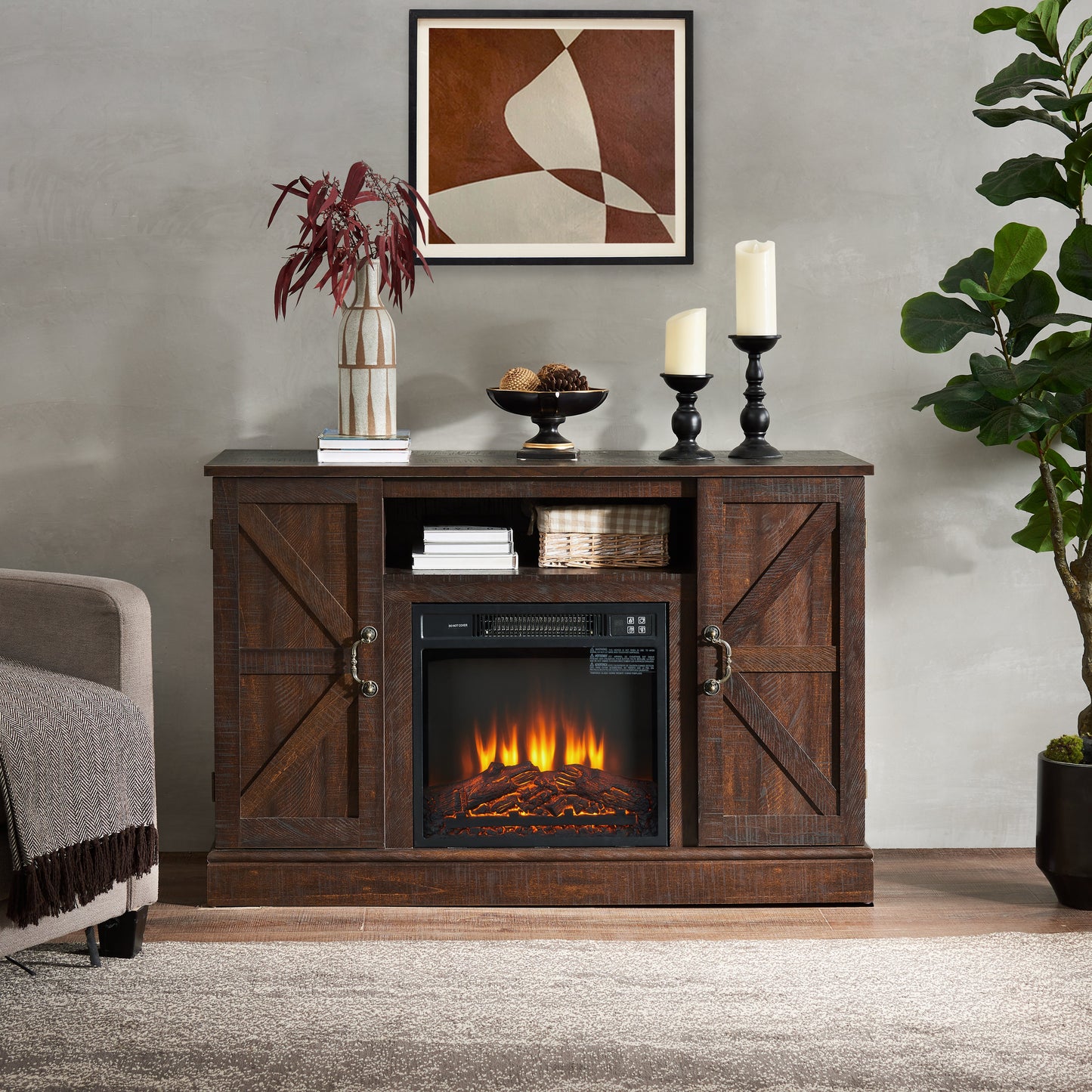 Farmhouse Classic Media TV Stand Antique Entertainment Console for TV up to 50" with 18" Electric Fireplace Insert V.I.P Digital Presence