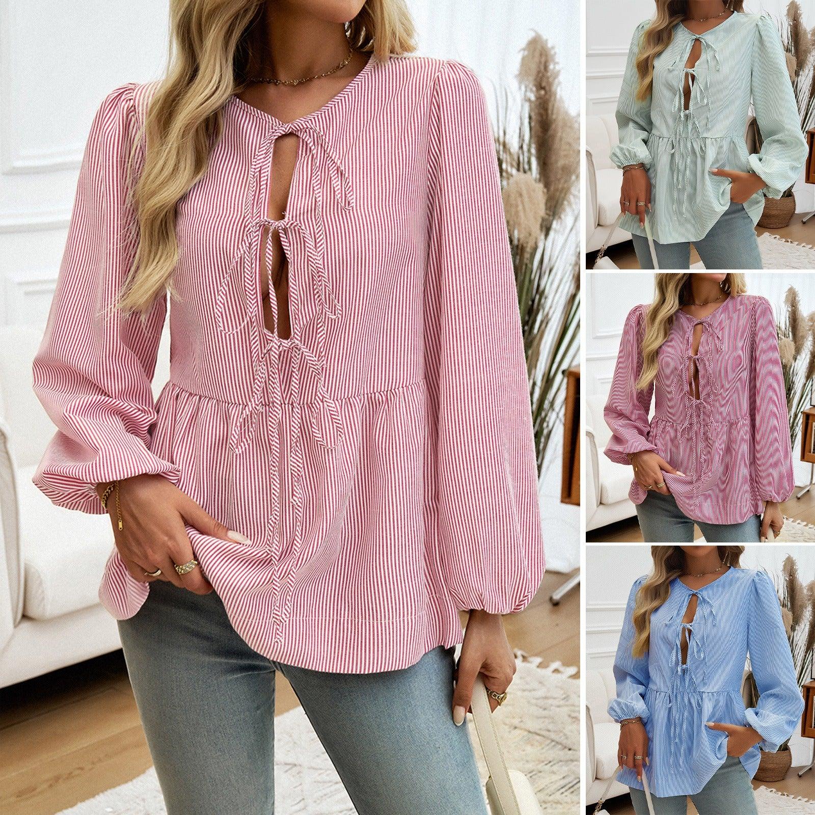 Boho Chic Striped Lace-Up Shirt - Trendy Loose Fit Casual Top for Women Country in My Heart