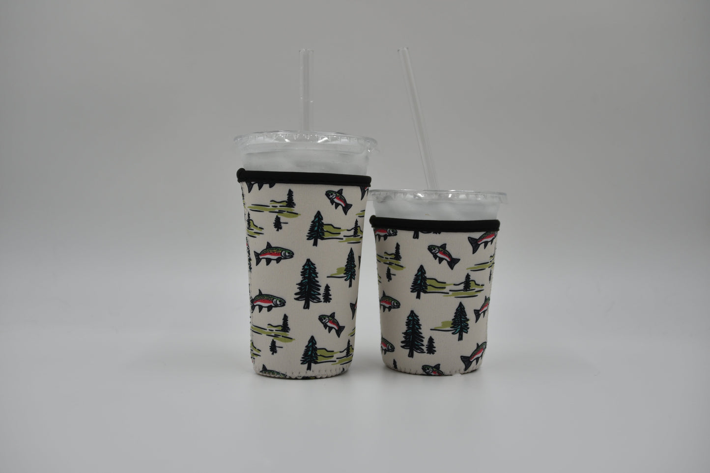 Trout and pines Coffee Sleeve | Reusable Neoprene Iced Coffee Cup Cover 16-24oz Cowboy Print Eco-Friendly Insulator for Grande & Venti Cups BashDesignsCo