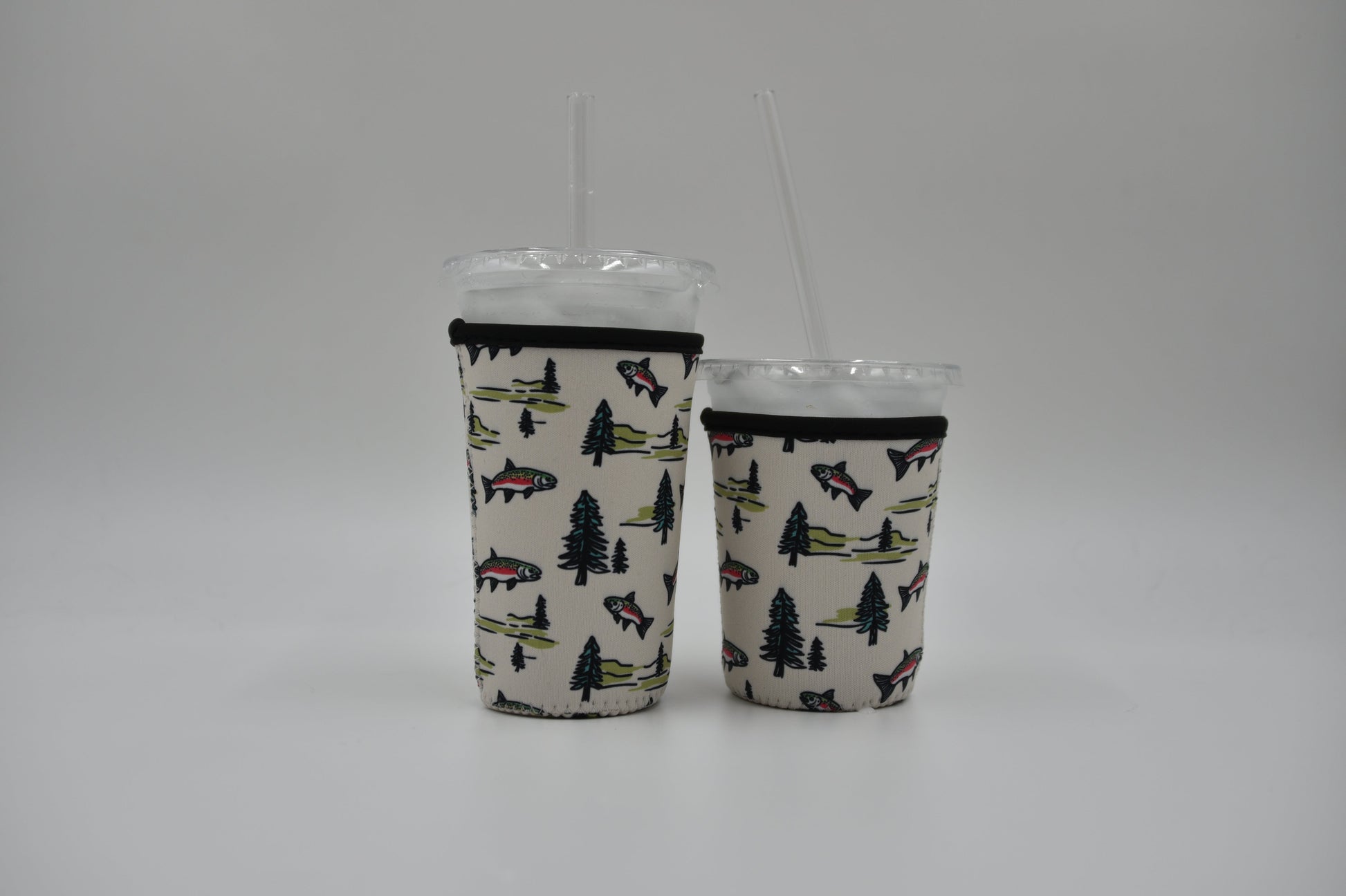 Trout and pines Coffee Sleeve | Reusable Neoprene Iced Coffee Cup Cover 16-24oz Cowboy Print Eco-Friendly Insulator for Grande & Venti Cups BashDesignsCo
