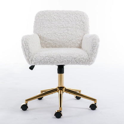 Artificial rabbit hair gold metal base home office chair adjustable chair rotating office chair, dressing chair (beige)