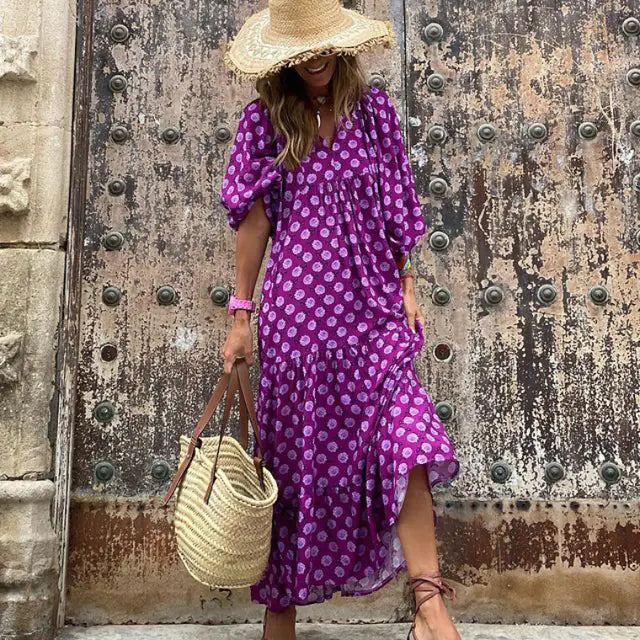 Women's Boho Floral Maxi Dress with Drawstring V Neck
