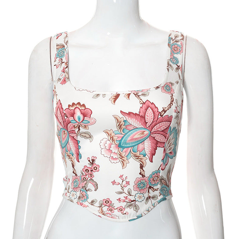 Floral Lace-Up Back Vest Top Country in My Heart