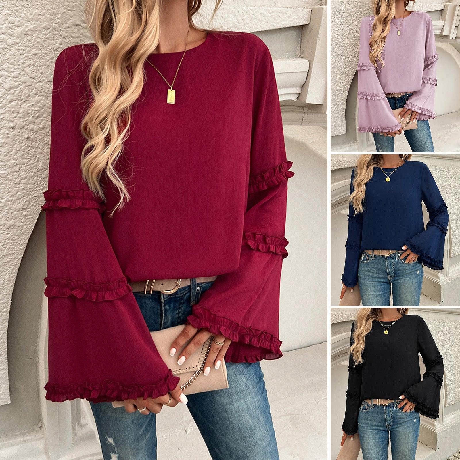Elegant Socialite Trumpet Sleeved Top – Stylish Ruffled Blouse for Trendy Women Country in My Heart