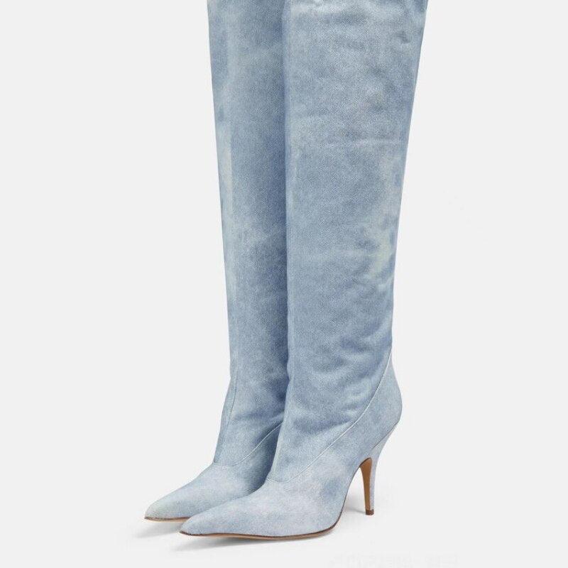 Women's Ultra-High Heel Denim Pointed Toe Catwalk Knee Boots Country in My Heart