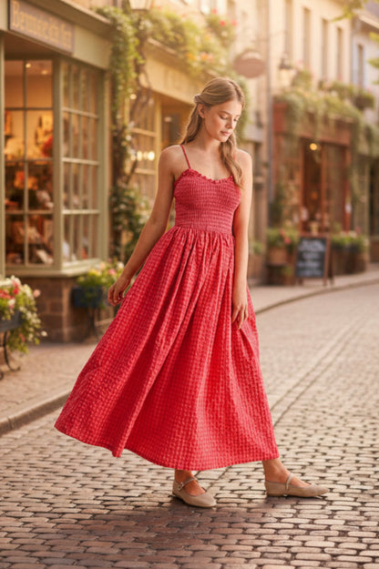 Women's Retro Plaid Sleeveless A-Line Maxi Dress – Fitted Waist Pleated Sundress FitiqueFit