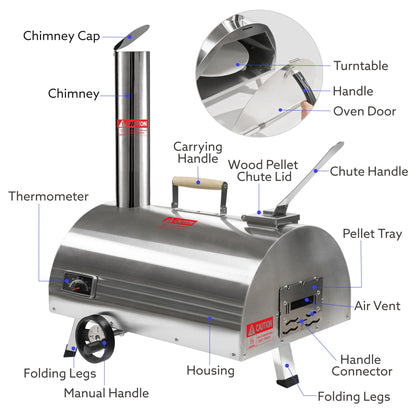 Silver Pizza Oven Outdoor 12" Semi-Automatic Rotatable Pizza Ovens Portable Stainless Steel