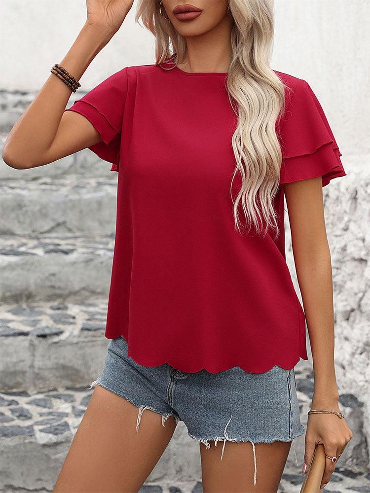 Lotus Blossom Ruffle Top - Stylish Red Double-layer Lotus Leaf Sleeve Blouse Country in My Heart