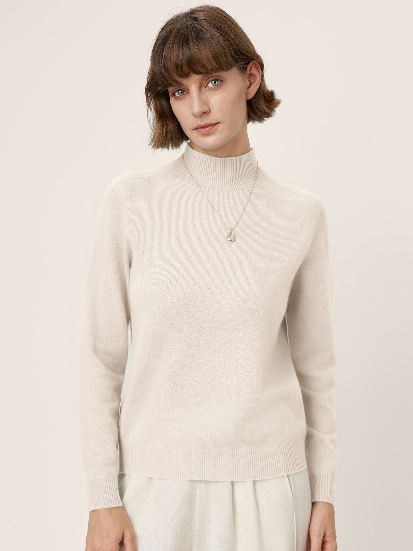 Premium Cashmere Blend Hand-Finished Seamless Mock Neck Ribbed Sweater RHEA