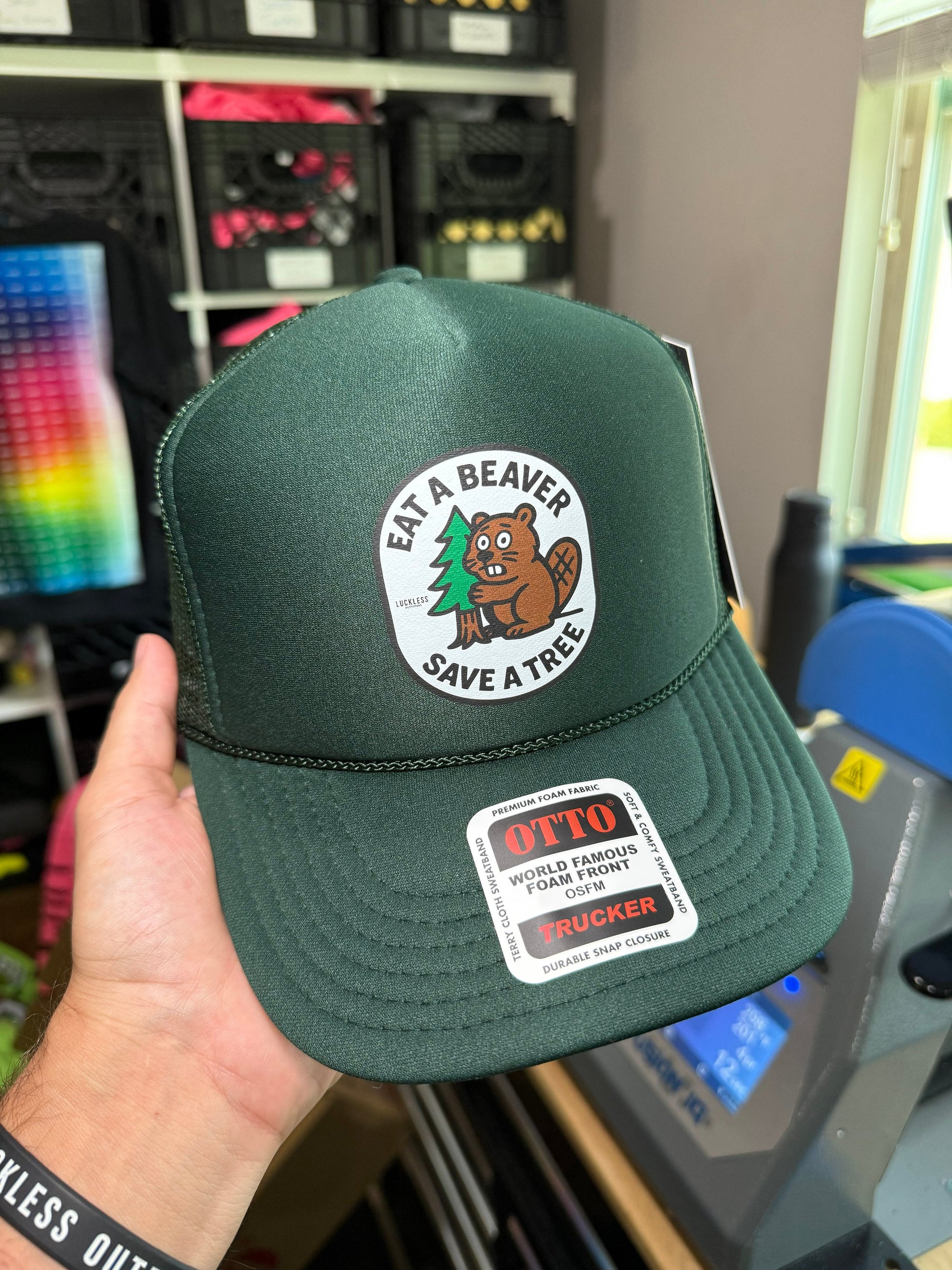 Eat A Beaver Save A Tree Trucker Hat Luckless Outfitters