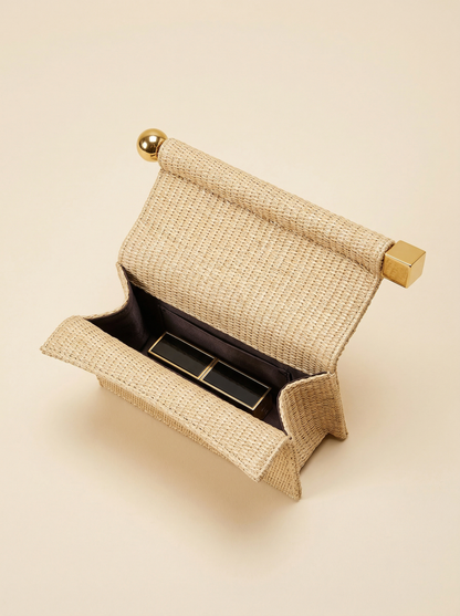Elegant Woven Straw Foldover Clutch Natural Evening Handbag for Special Occassion