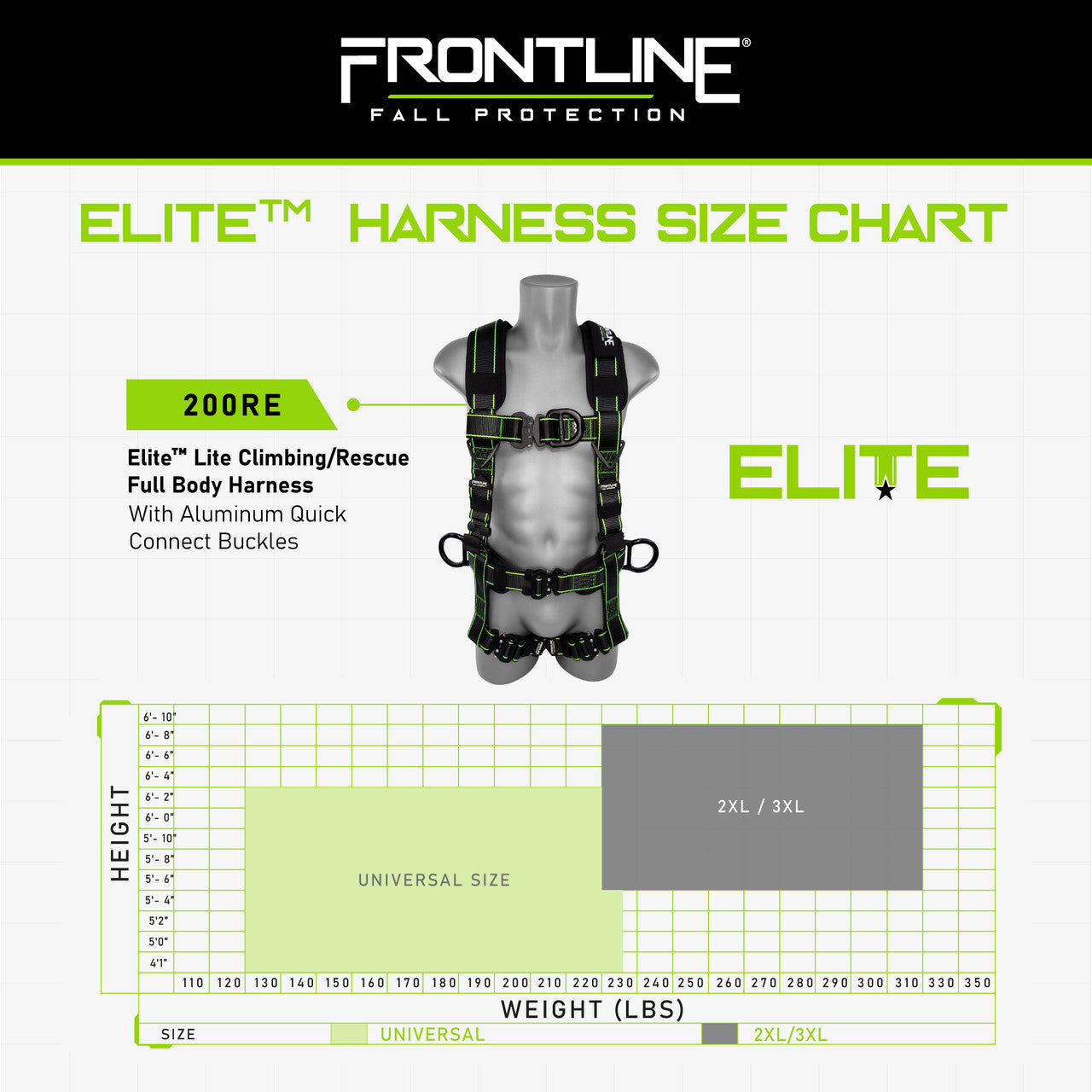 Frontline 200RE Elite Lite Climbing/Rescue Full Body Harness with Aluminum Quick Connect Buckles Universal VM Hardware