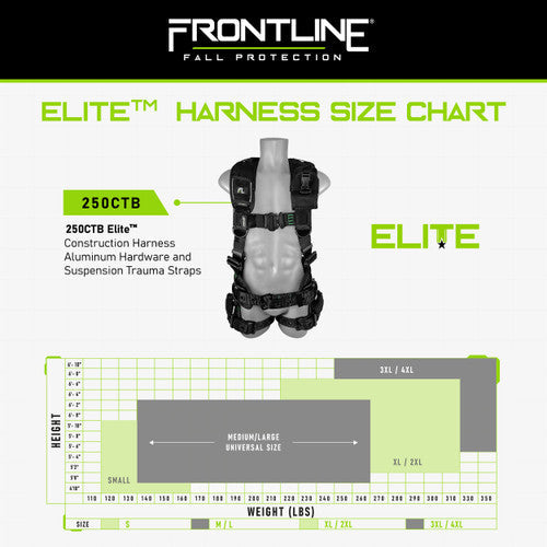 Frontline 250CTB Elite Construction Harness Aluminum Hardware and Suspension Trauma Straps M/L VM Hardware