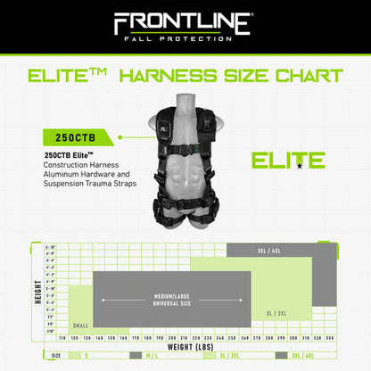 Frontline 250CTB Elite Construction Harness Aluminum Hardware and Suspension Trauma Straps M/L VM Hardware