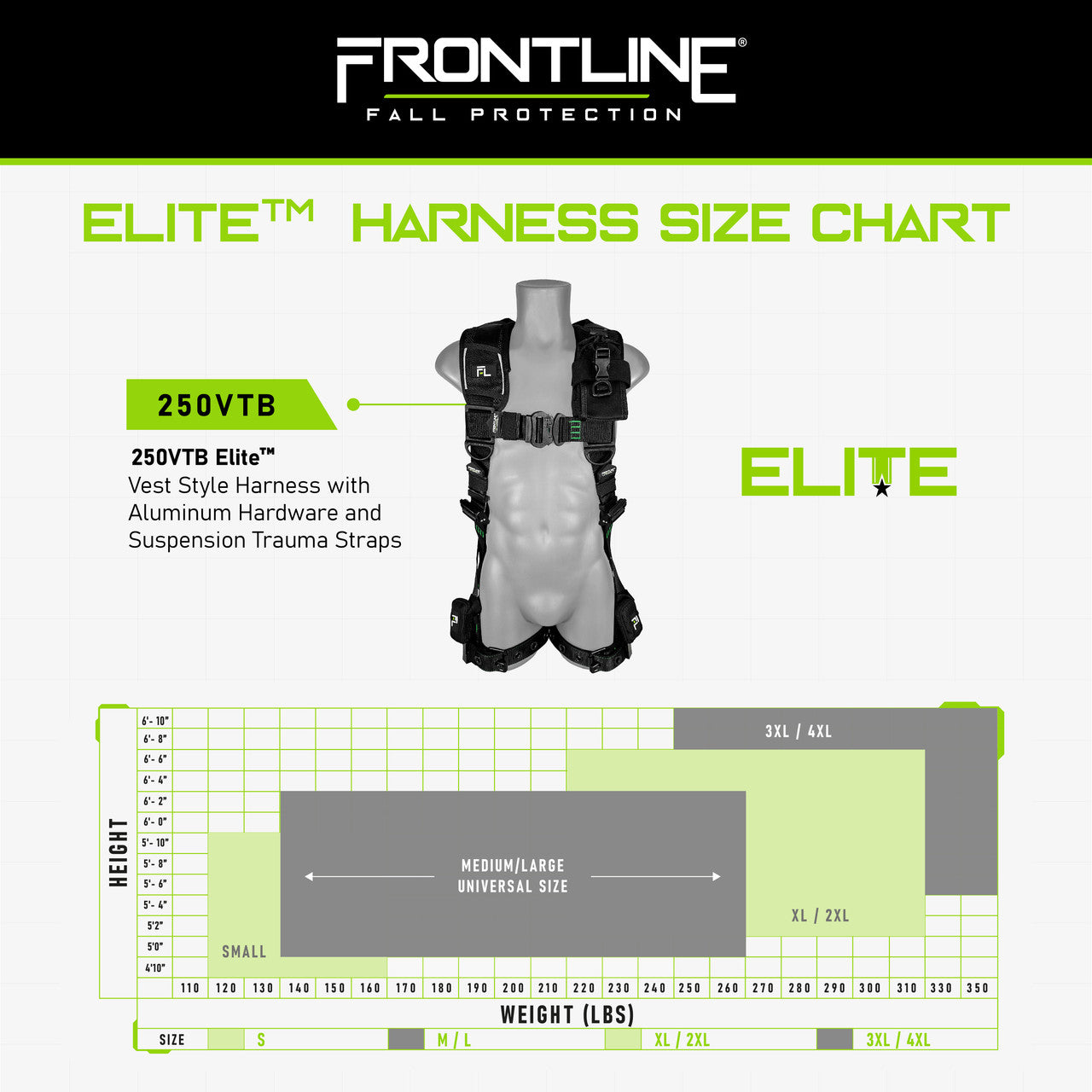 Frontline 250VTB Elite Vest Style Harness with Aluminum Hardware and Suspension Trauma Straps S VM Hardware