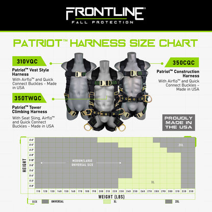 Frontline 350CQC Patriot Construction Harness with Airflo and Quick Connect Buckles - Made in USA 2XL VM Hardware