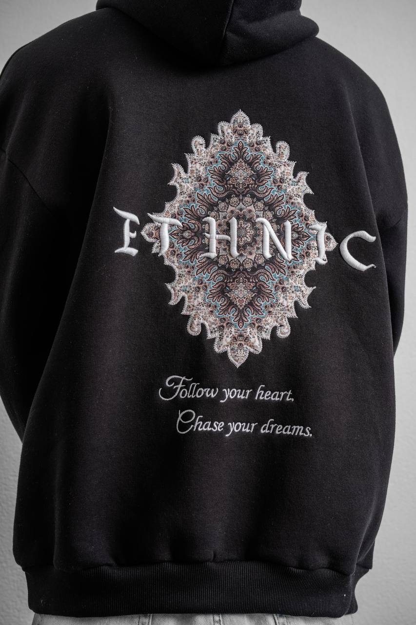 Ethnic Embroidered Oversized Hoodie Sweatshirt Withinblack