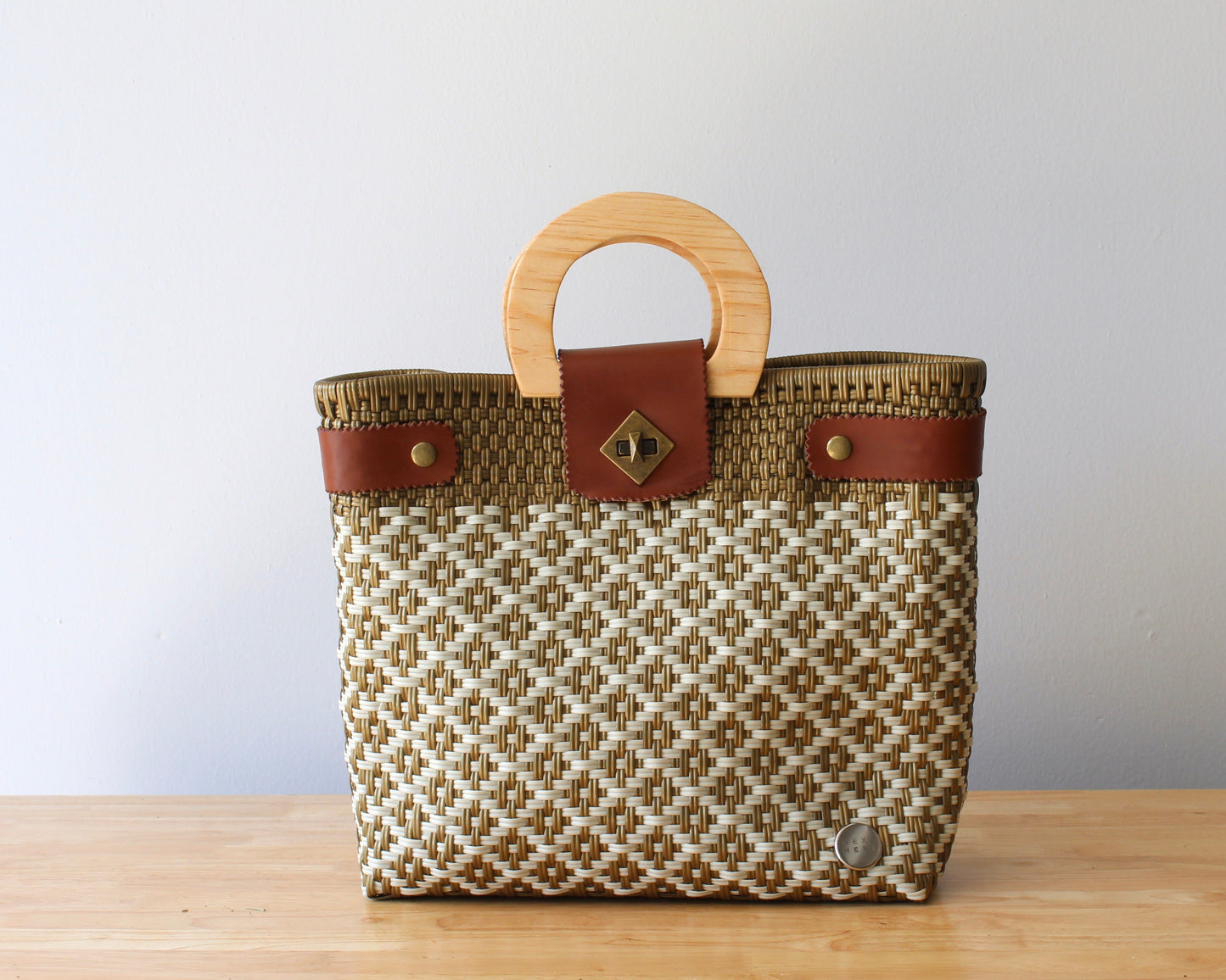 Beige & Gold Handwoven Tote with Wood Handle MexiMexi