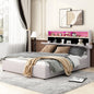 Queen Size Upholstered Platform Bed with Storage Headboard  LED  USB Charging and 2 Drawers  Beige