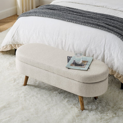 Ottoman Oval Storage Bench Rubber Wood Legs Beige(43.5"x16"x16")