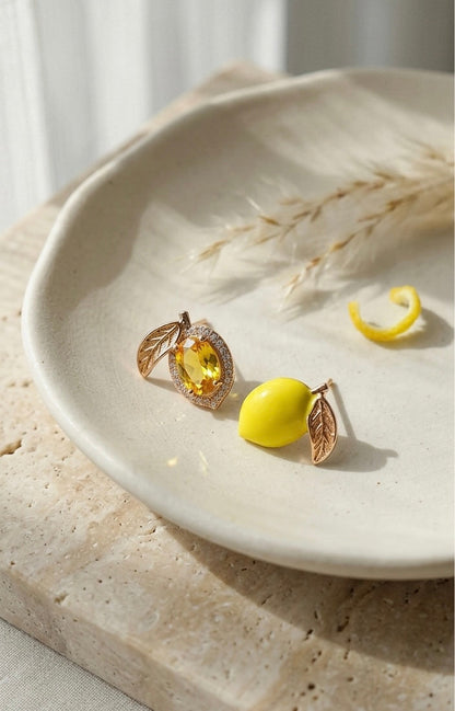 Zesty Lemon Asymmetrical Stud Earrings | Gold-Plated Crystal & Enamel Tinyloverclothing