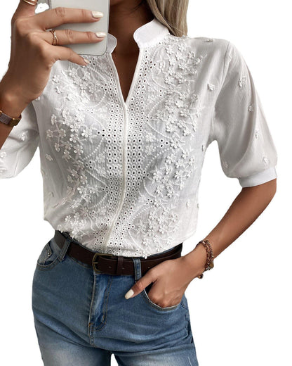 French Lace Embroidered Top - Stylish Stand Up Collar Top for Trendy Women Country in My Heart
