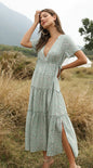 Bohemian Ruffled Floral Maxi Dress with V-Neck
