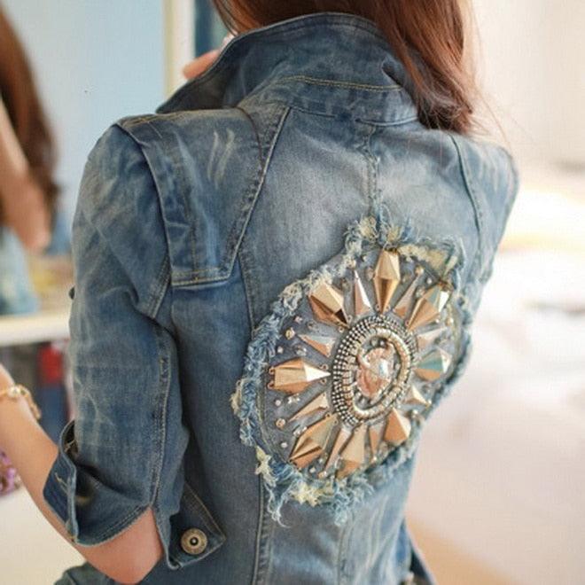 Cute Diamonds Encrusted Half Sleeve Denim Jacket Country in My Heart