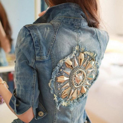 Cute Diamonds Encrusted Half Sleeve Denim Jacket Country in My Heart