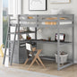Twin Size Loft Bed with Desk and Shelves, Two Built-in Drawers, Gray